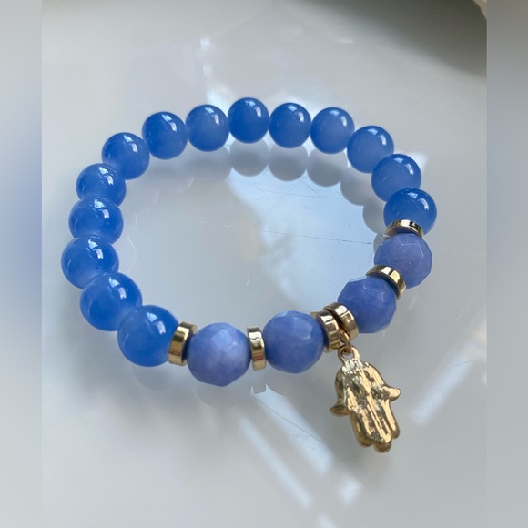 Blue Agate & Blue Chalcedony Stretch Bracelet w/Gold Pave Rhinestone Hamsa Charm - Picture 8 of 8